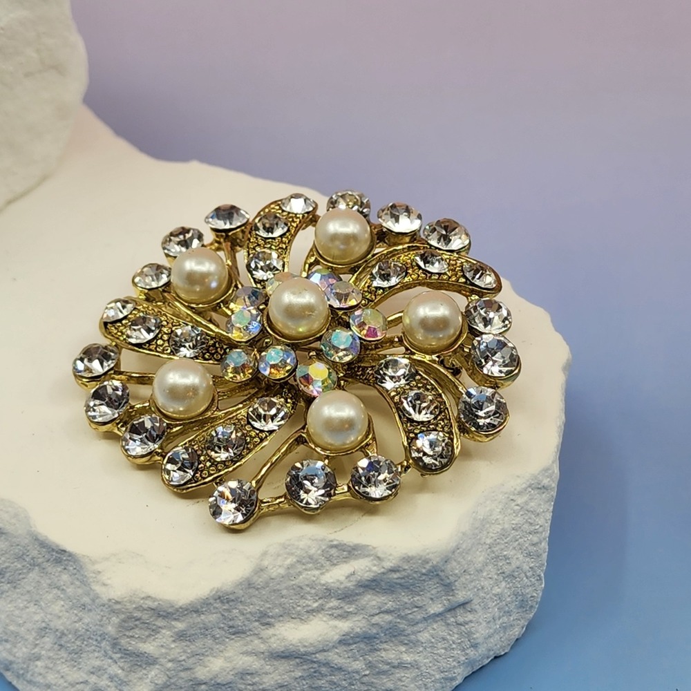 Gold Tone Faux Pearl Rhinestone Swirl Brooch Vintage Floral Statement Pin Gift